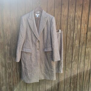 Talbots Brown Tweed Herringbone Suit Trench Jacket & Skirt Womens Size 12